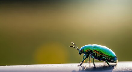 A vibrant green beetle with metallic sheen on a blurred green background.