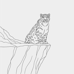 Majestic snow leopard sits on a rocky cliff edge in a minimalist black outline drawing. © bima