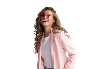 Young woman in pink blazer and sunglasses smiling, isolated on white background isolated on transparent background