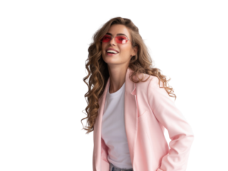 Young woman in pink blazer and sunglasses smiling, isolated on white background isolated on transparent background