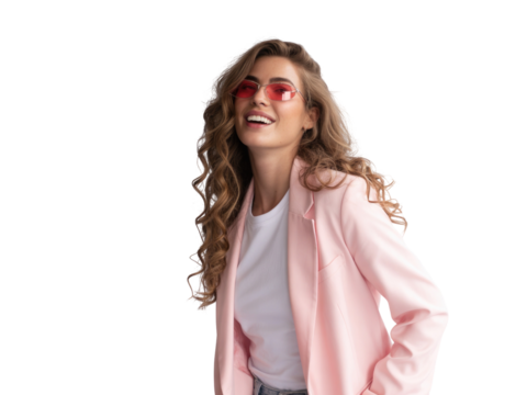 Young woman in pink blazer and sunglasses smiling, isolated on white background isolated on transparent background
