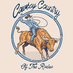 Cowboy Bull Rider Rodeo Badge.Vintage Western Country Design.Rodeo Bull Riding Illustration.Wild West Sport Emblem.Bucking Bull Retro Graphic