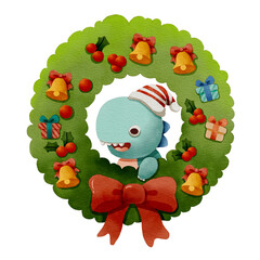 A cheerful cartoon dinosaur wearing a Santa hat peeks out from a festive green wreath decorated with bells and colorful presents. Watercolor Illustration isolated on white background.