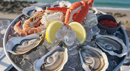 Indulge in fresh seafood delights with oysters, shrimp, and crab legs served on ice with lemon slices, perfect for summer gatherings and coastal feasts, a luxurious culinary experience