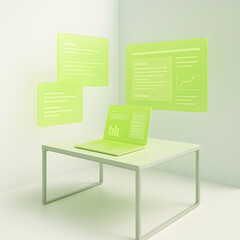 A bright minimal workspace with green holographic panels and a laptop displaying analytics, ideal for illustrating digital dashboards, modern productivity, and futuristic interface concepts.