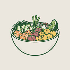 Retro Poke Bowl Art.Hawaiian Food Vector.Vintage Halftone Dish.Seafood Bowl Graphic.Healthy Asia Dinner