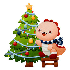 A playful dinosaur character decorates a festive Christmas tree adorned with colorful ornaments and lights, radiating a cheerful holiday spirit. Watercolor Illustration isolated on white background.