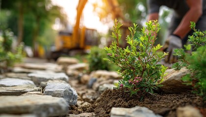 Obraz premium Landscape designer places shrubs, plants. Construction site with stones path, excavator blurred background. Gardener hands work with soil ground in garden. Design, nature, landscaping concept.