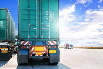 Semi Trailer Trucks on The Parking Lot. Big Rig, Tractor Truck. Shipping Cargo Container. Economy Business Transport on Road. Trucking. Freight Truck, Logistics Transportation.