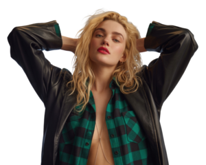 Young woman with blonde hair in leather jacket and plaid shirt posing confidently isolated on transparent background