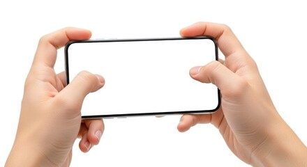 Hands holding a modern smartphone horizontally with a blank white screen for gaming or browsing isolated on white background