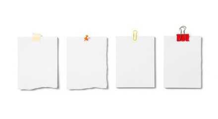 Four blank white paper notes with torn edges attached with clips and tape isolated on white background