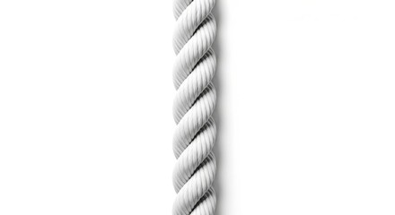 A thick white twisted rope showing its detailed texture and structure isolated on white background