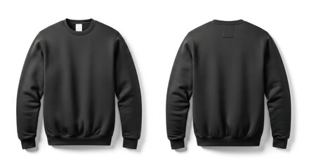 Two plain black crewneck sweatshirts shown from the front and back isolated on white background