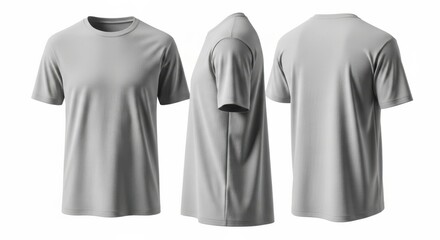 Three views of a plain grey t shirt displayed from front side and back isolated on white background