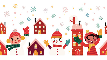 Delightful winter village scene with cheerful children and snowmen, perfect for holiday cards, seasonal banners, and festive social media posts
