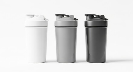 Three tall cylindrical plastic shaker bottles in white gray and black colors arranged side by side isolated on white background