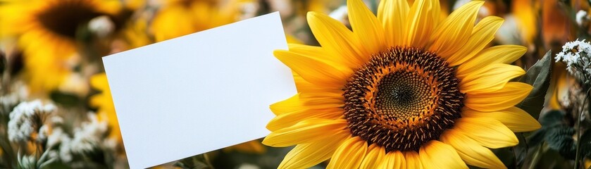A vibrant sunflower with a blank card for customization.
