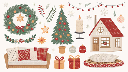 Joyful holiday spirit radiates from cozy Christmas decorations, wreaths, gifts, tree, and festive cheer, perfect for seasonal greetings and designs