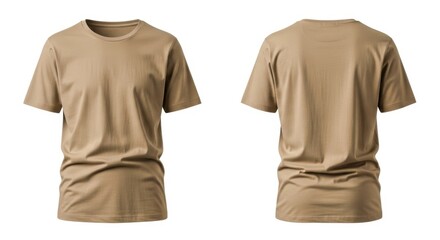 Two plain tan short sleeve t shirts shown from the front and back isolated on white background