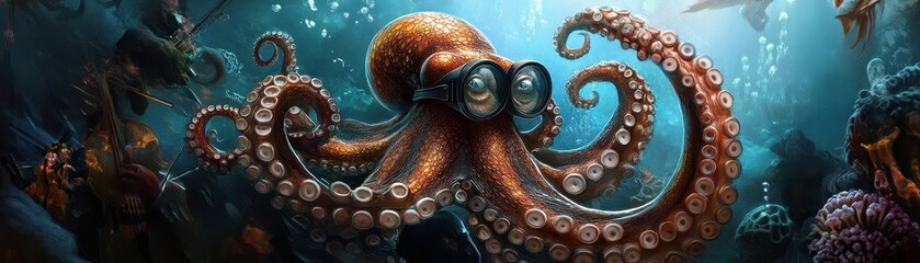 A vibrant underwater scene featuring a colorful octopus.