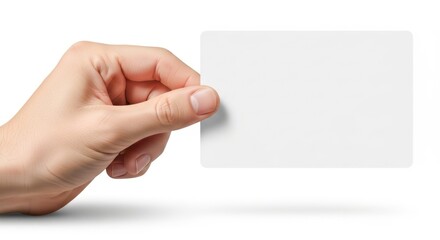 Human hand holding a blank white square card with rounded corners isolated on white background
