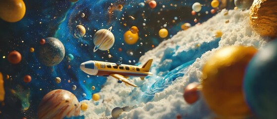 A whimsical airplane travels through a colorful cosmic scene.