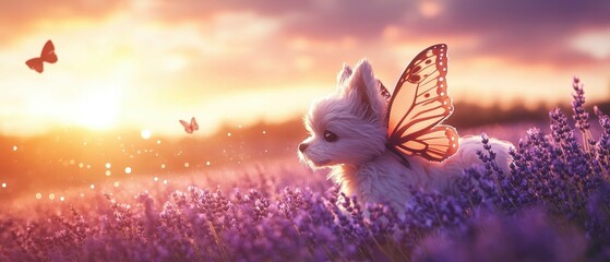 A whimsical dog with butterfly wings surrounded by lavender flowers.
