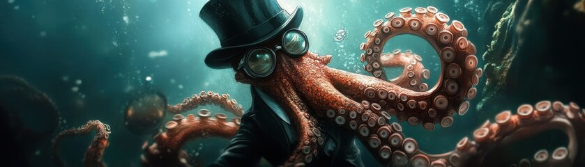 A whimsical octopus wearing a top hat in an underwater scene.
