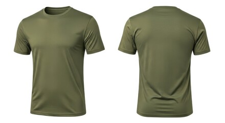 Two views of a plain olive green short sleeve t shirt apparel item isolated on white background