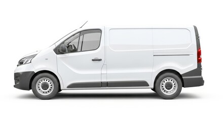 A clean white commercial panel van with tinted windows parked on a seamless white background isolated on white background