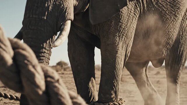 Elephant tied with rope with African landscape.