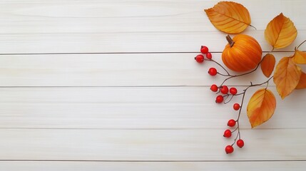 Autumn leaves and pumpkins on wooden background.