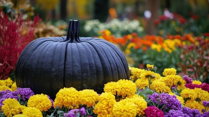 Black pumpkin surrounded by vibrant flowers.