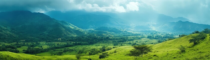 Breathtaking view of a lush green valley surrounded by mountains.