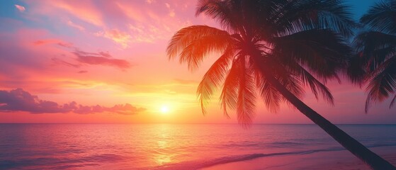 Breathtaking sunset over ocean with palm trees in vibrant colors.