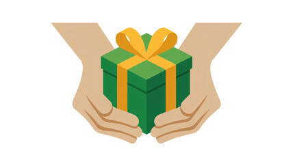 Hands offering a vibrant green gift box tied with a golden ribbon for joyous celebrations