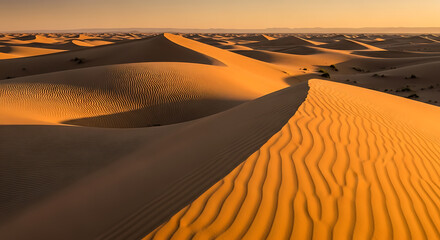 Stunning desert landscape with majestic sand dunes under golden sunset light, perfect for travel inspiration, adventure seekers, and conveying peace and solitude, explore the Sahara