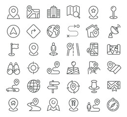 Set of collection line icons related Navigation. Editable stroke. Perfect pixel on transparent background