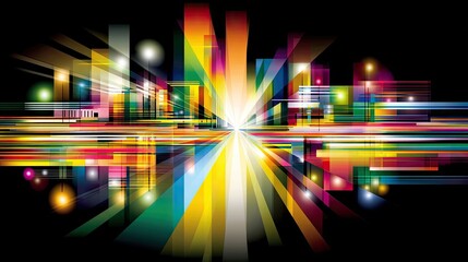 An abstract, futuristic cityscape rendered with vibrant geometric shapes and light rays, set against a dark background. The composition evokes a sense of energy