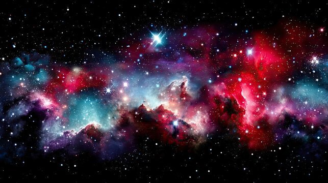 A colorful and expansive view of a nebula with vibrant reds, blues, and purples, dotted with countless stars against a black background. - Powered by Adobe
