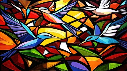 Three stylized birds with wings spread are depicted in a vibrant, abstract stained glass style. The background is a mosaic of geometric shapes in bold colors li