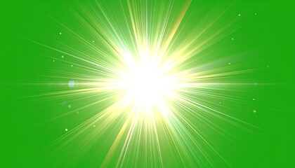 Bright, radiating light burst with lens flares on a green screen