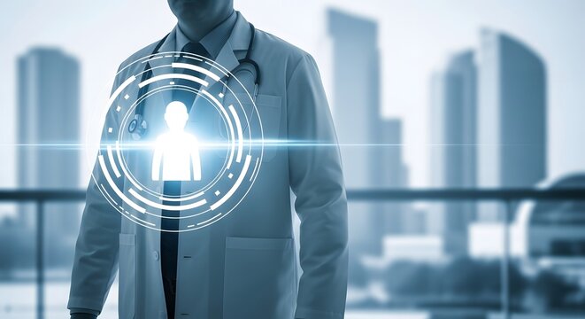 Doctor in lab coat with patient hologram futuristic medical technology concept healthcare innovation