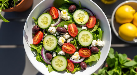 Enjoy a vibrant Greek salad with fresh tomatoes, cucumbers, olives, and feta cheese for a healthy and delicious meal, perfect for a summer lunch or light dinner
