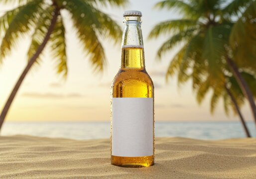 Cold bottle of light beer with blank label resting on sandy beach with palm trees and ocean sunset in background - Powered by Adobe