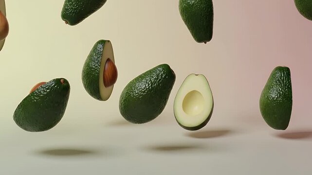 A vibrant and dynamic display of fresh, ripe avocados floating and falling against a clean, gradient background. Some avocados are shown whole, while others are meticulously cut in half, revealing the