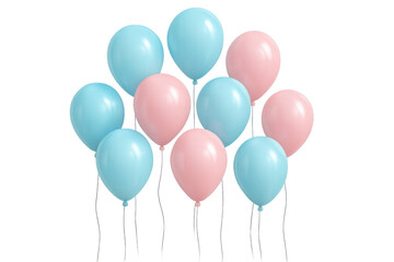 Floating pastel pink and blue balloons arranged together on a transparent background, perfect for party or gender reveal themes