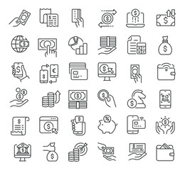 Set of collection line icons related Payment. Editable stroke. Perfect pixel on transparent background