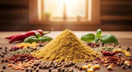 Aromatic blend of golden curry powder with a vibrant assortment of fresh herbs and whole spices on a rustic wooden table